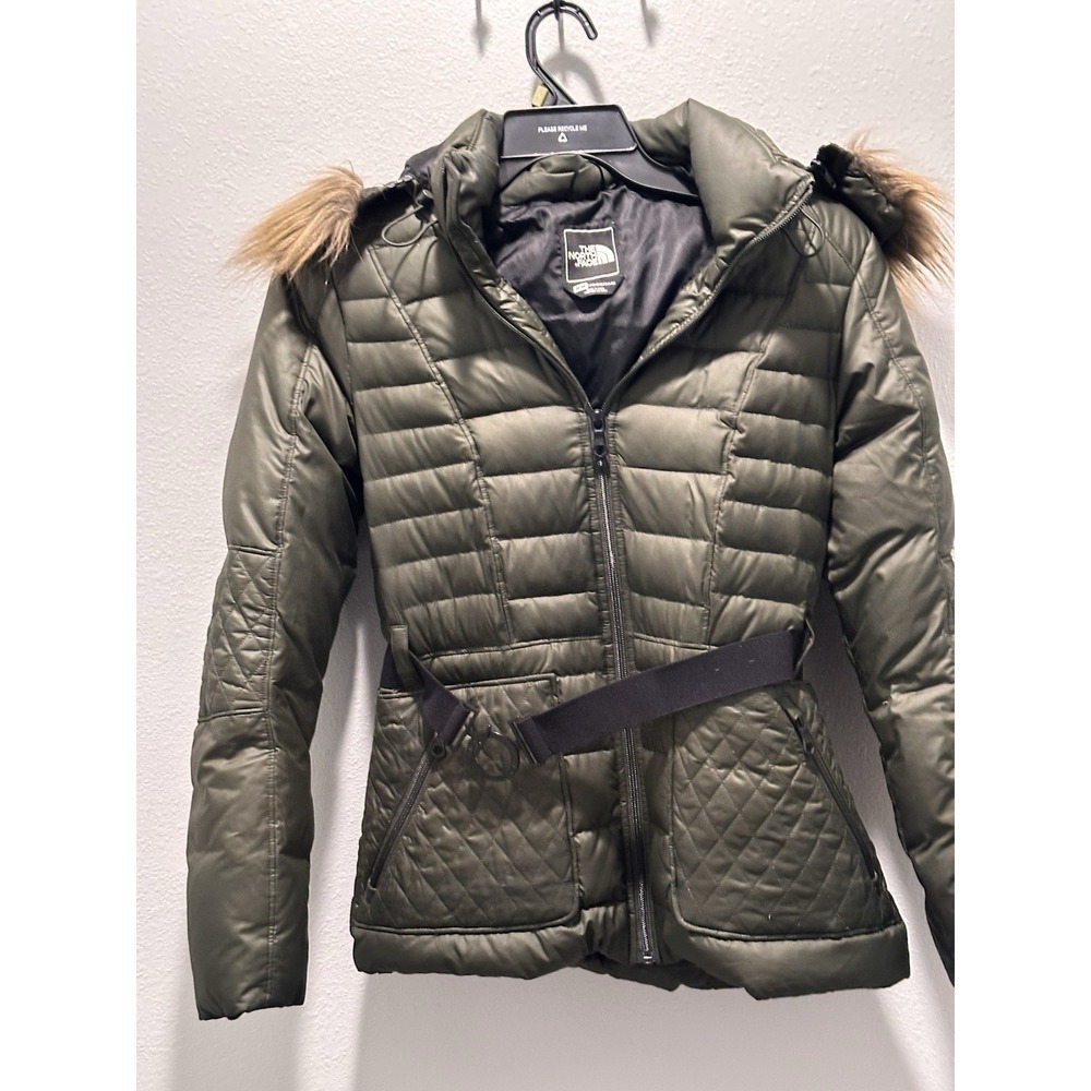 The North Face Women's Olive Green Quilted Puffer Coat with Faux Fur Trim